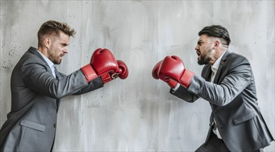 Two men in suits boxing in an office. A concept of corporate toxic environment and corporate greed,