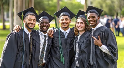 Group of diverse young and happy college and university graduates in graduation uniform ceremony,