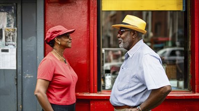 Senior black man and a woman standing on a sidewalk of a black neighborhood community, AI generated