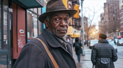 Senior black man wearing a hat and a coat standing on a sidewalk of a black neighborhood community,