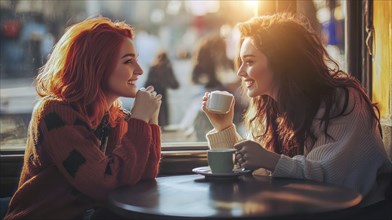 Two women friends having a casual spontaneous authentic conversation about life over cup of coffee,