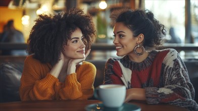 Two women friends having a casual spontaneous authentic conversation about life over cup of coffee,