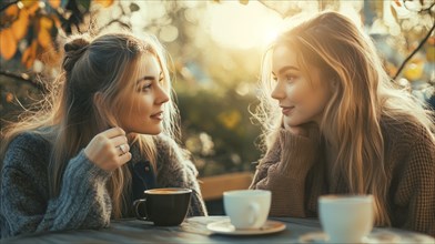 Two women friends having a casual spontaneous authentic conversation about life over cup of coffee,