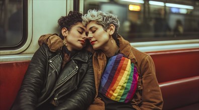 Happy lesbian gay LGBTQ same sex couple showing love and affection to each other, AI generated