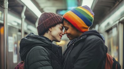 Happy lesbian gay LGBTQ same sex couple showing love and affection to each other, AI generated