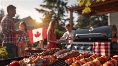 Canadian Barbecue BBQ family picnic on the beach with skewers of meat and meat steaks over