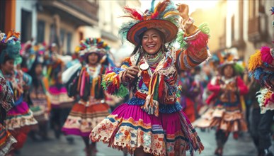 Bolivian woman in a colorful national outfit dancing in a Indigenous festival, street parade, AI