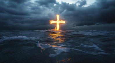 Christian cross is burning in the ocean, a symbol of strong enduring religion, faith and miracles,