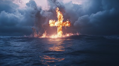 Christian cross is burning in the ocean, a symbol of strong enduring religion, faith and miracles,