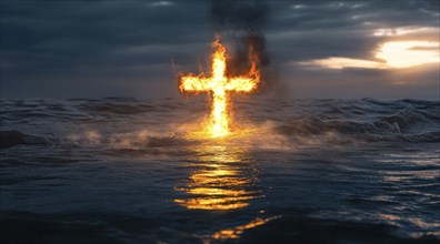 Christian cross is burning in the ocean, a symbol of strong enduring religion, faith and miracles,