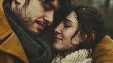 Portrait of a man and a woman hugging each other. Diverse interracial relationship, young couple,