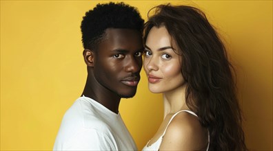 Portrait of a man and a woman hugging each other. Diverse interracial relationship, young couple,