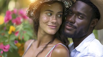 Portrait of a man and a woman hugging each other. Diverse interracial relationship, young couple,