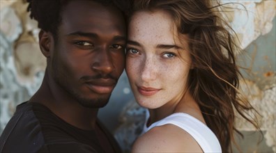 Portrait of a man and a woman hugging each other. Diverse interracial relationship, young couple,