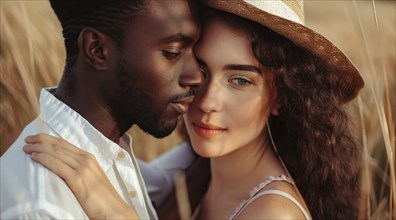 Portrait of a man and a woman hugging each other. Diverse interracial relationship, young couple,