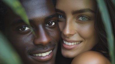 Portrait of a man and a woman hugging each other. Diverse interracial relationship, young couple,