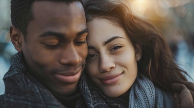 Portrait of a man and a woman hugging each other. Diverse interracial relationship, young couple,