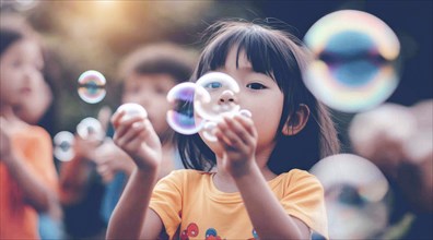 A young asian girl is blowing bubbles in a park and enjoys family activity on the weekend, AI