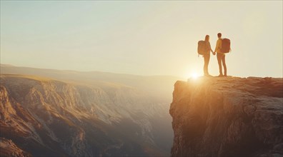 A couple is standing on a mountain top. Concept of success and achievement in life and business, AI