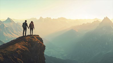 A couple is standing on a mountain top. Concept of success and achievement in life and business, AI