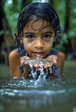 Symbolic photo for clean water, a young girl with big eyes scoops clear water from a stream with