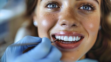 A young woman with freckles sits with a dentist wearing blue gloves and examining her flawless