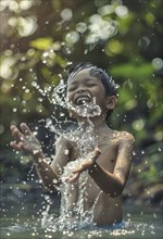 Symbolic photo for clean water, a laughing boy throws clear water from a stream into the air with