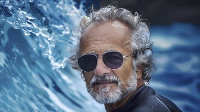 Symbolic photo of a beach holiday, a man with sunglasses, grey beard and longer hair in his prime,