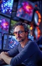 A young, slightly greying IT expert with glasses and beard, sitting at his keyboard and several