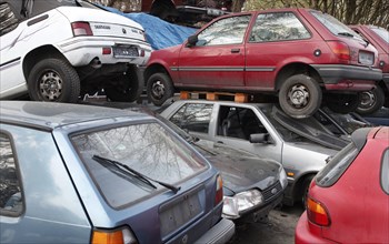 Berlin, 09.0420.09, Vehicles for scrapping at a scrap yard of a car recycler, Berlin, Germany,