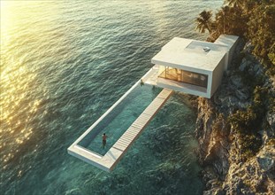 A cliffside villa with an infinity pool and person standing, offering a breathtaking ocean view