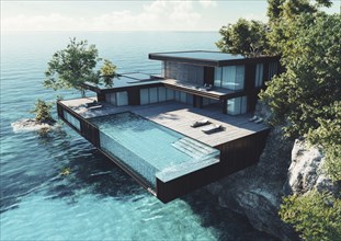 Modern cliffside house with infinity pool overlooking the ocean, surrounded by trees and natural