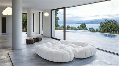 Luxurious modern interior featuring a large white sofa, floor-to-ceiling glass walls with a view of