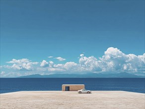 A white car parked near a modern minimalist structure by the ocean under a clear blue sky with