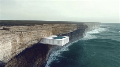 Modern white cliff house with a pool embedded in a cliff, overlooking the rough ocean, AI generated