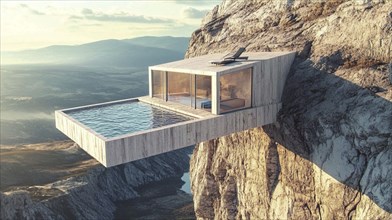 Modern glass-walled cliff house with a pool, offering panoramic views of mountains, AI generated