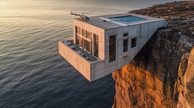 Modern cliff house with a pool and helicopter, positioned above a vast ocean at sunset, AI