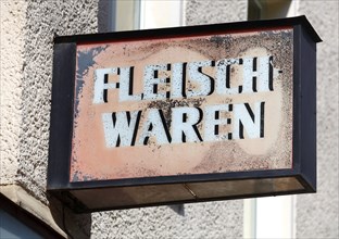 Berlin, 25.07.2010, Meat products, sign on a butcher's shop, Berlin, Germany, Europe