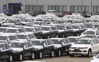 Bratislava, 05.10.2010, VW Touareg and Audi Q7 sport-utility vehicles wait for delivery at the