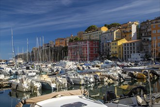 Boats at a lively marina in Corsica, surrounded by colourful buildings under a clear blue sky,