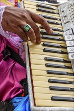 Accordionist's hands playing the keyboard of his instrument during a performance and popular party