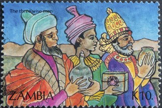 The three wise men, biblical motif on a stamp from Zambia