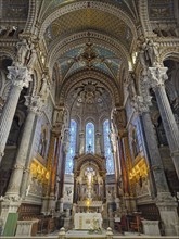 Famous Notre Dame de Fourviere in Lyon, France. Indoors architecture view of catholic basilica