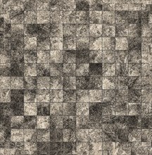 Abstract artwork featuring a grid of square tiles in varying shades of black and white, creating a