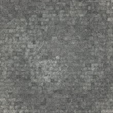 An abstract gray mosaic pattern consisting of numerous small square tiles creating a textured