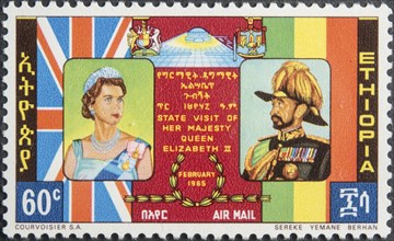 Haile Selassie, (1892, 1975) Emperor of Ethiopia. Portrait on Ethiopian postage stamp together with