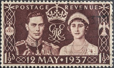 King George VI of Great Britain with wife Elizabeth at the coronation in 1937. Portrait on English