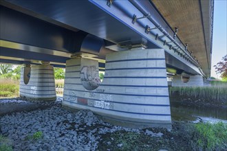 Motorway bridge with bridge piers over the river Este, Buxtehude, Altes Land, Lower Saxony,