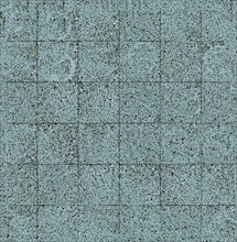 Worn blue speckled tiles with a visible grid pattern, creating a rough, textured surface