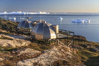 Igloos, Igloo Hotel, Hotel Arctic in Midnight Sun, Ilulissat, Disko Bay, West Greenland, Greenland,